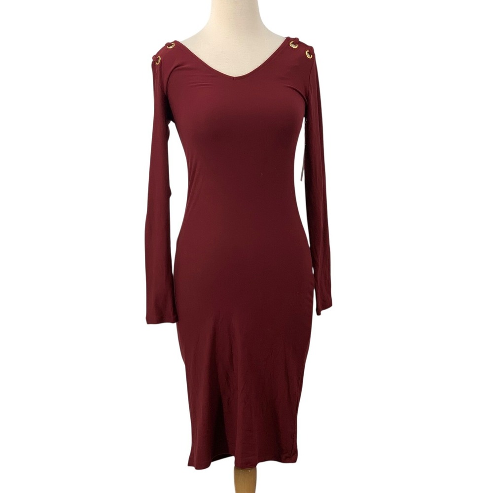 NWT Derek Heart Long Sleeve‎ Burgundy Bodycon Dress V-Neck Gold Accent Size S